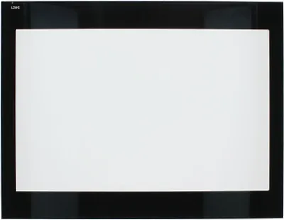 A close-up view of a white rectangular object framed by a black border, likely a glass panel for an appliance.