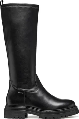 A black leather boot on a white background.