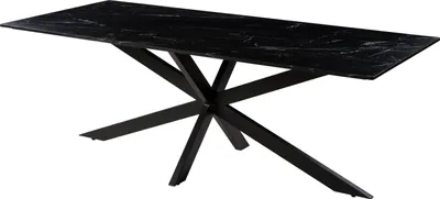A black marble-top dining table with a black metal cross-shaped base, shown from a three-quarter angle against a white background.