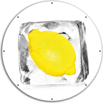 Produktbild von Wallario rundes Outdoor-Poster für Garten oder Balkon, Motiv Zitrone in Eiswürfel - Eiskaltes Obst, 60 cm Durchmesser