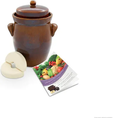 Produktbild von KERAZO Gärtopf 5 Liter aus Steinzeug Keramik inklusive Deckel + Stein + Anleitung [Form 2] BRAUN - Gurkentopf Einlegetopf Rumtopf Fermentation