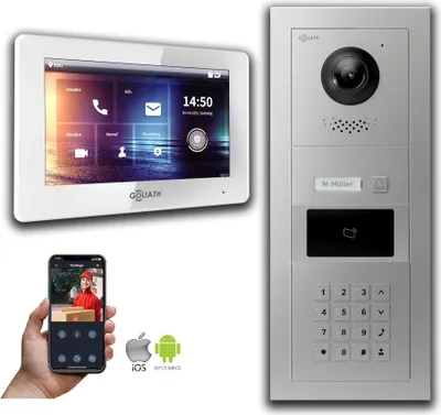 Produktbild von Türsprechanlage mit Kamera Goliath IP 2-Draht Zahlencode RFID : Aufputzdose : 7 Zoll in Weiß Türklingel Montagedose: Aufputzdose Monitor Auswahl: 7 Zoll in Weiß