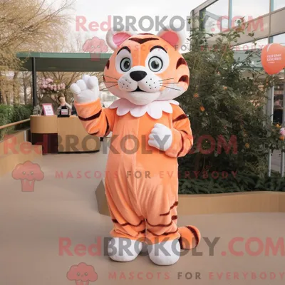 Produktbild von Peach REDBROKOLY Tiger Maskottchen Kostüm Figur bekleidet mit einem A-Linien-Rock und Fäustlingen
