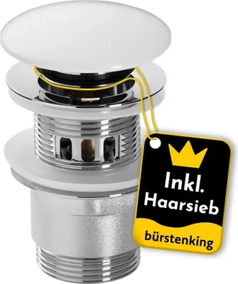 Produktbild von Bürstenking Ablaufgarnitur Waschbecken – Ablaufventil mit Haarsieb – für Waschbecken & Waschtisch – 1 1/4" Anschlussgewinde – Push-Open Funktion – mit Überlauf – 6,0 cm – ø 66 mm – Chrom Weiß