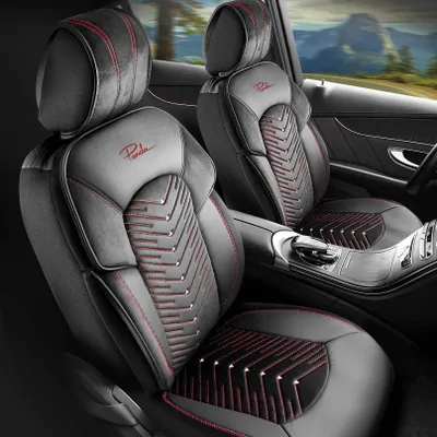 Immagine prodotto di Coprisedili serie Dubai – Nero e rosso con ricami – Tessuto in velluto – Coprisedili universali per auto – Vestibilità perfetta per oltre 3000 modelli di auto – Set per sedili anteriori. Caratteristiche: Set per sedili anteriori, Colore: Nero e rosso con ricami