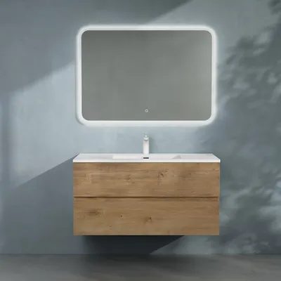 Immagine prodotto di doporro Mobile Bagno Sospeso Set Mobile da Bagno con Lavabo Integrato e Specchio LED | Mobile Sottolavabo 80cm Marrone Chiaroo | Lavandino in Marmoresina e 2 Cassetti Soft Close Seria Aqualis