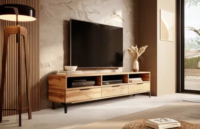 Produktbild von Selsey TV-Lowboard RIKKE - TV-Tisch in Holzoptik Wotan Eiche Matt mit schlanken Füßen und LED, 160 cm breit