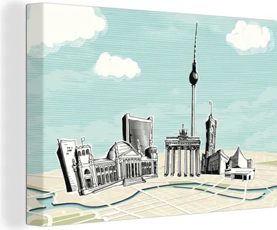 Zdjęcie produktu dla OneMillionCanvasses® - Obraz na płótnie - 140x90 cm, ilustracja zabytków Berlina na mapie, dekoracja ścienna - zdjęcie na płótnie - obraz