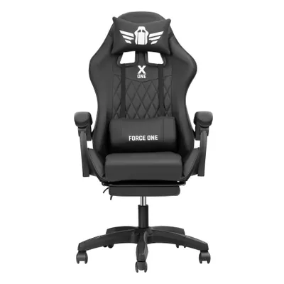 A black gaming chair with a headrest and lumbar pillow, shown from the front on a white background.