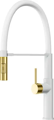 Immagine prodotto di Granitan | Miscelatore da cucina Soria - Bianco - Altezza 470 mm - Bocca flessibile - Oro spazzolato