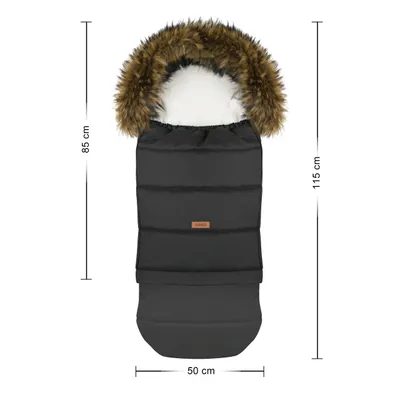 A black winter footmuff with a fur-lined hood, shown flat against a white background with dimensions indicated.