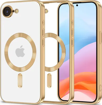 A clear product shot of a phone case with a gold frame and a transparent back, showing the Apple logo and MagSafe ring.
