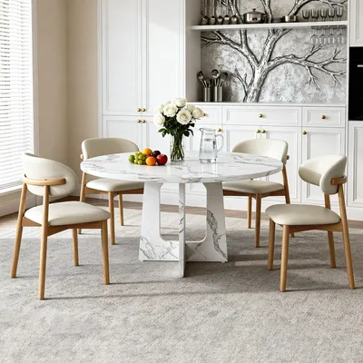 Produktbild von STILVORA Esstisch Set mit 1 Tisch und 4 Stühlen, Esstisch aus MDF mit Marmoroptik, Esszimmerstühle mit Eichenholzbeinen für Esszimmer und Wohnzimmer