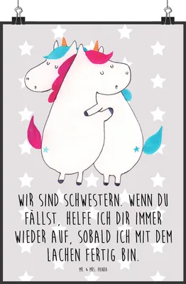 Produktbild von Mr. & Mrs. Panda Bild Einhörner Umarmen DIN A2 - Grau Pastell - Geschenk, Schwester, Kunstdruck, Einhorn, Wandbild, drucke, Wanddekoration, Freundin, Unicorn, wanddeko