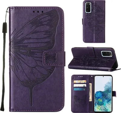 Produktbild von Galaxy S20 Hülle, Schmetterling Prägung Flip Leder Kartenfächer Schutzhülle Ledertasche mit Ständer für Samsung Galaxy S20 Lila