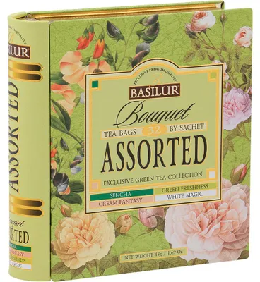 Zdjęcie produktu dla Basilur BOUQUET ASSORTED herbata zielona PUSZKA książka ZESTAW herbaciarka - 32x1,5g