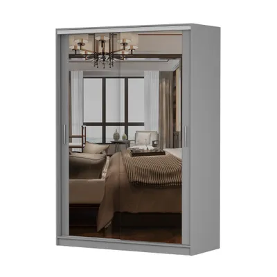 Produktbild von Schwebetürenschrank TOKYO M, Schlafzimmer Kleiderschrank  Schrank 150 cm Grau/Grau mit Spiegel, alufarbene PVC-Griffe