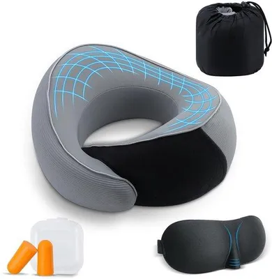 Produktbild von Unyqoos® Reisekissen mit Memory-Schaum – 360° Nackenstütze, atmungsaktiver Baumwollbezug, Magnettherapie-Gewebe, inkl. Schlafmaske & Ohrstöpsel