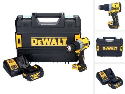 A collage of images showing a DeWalt cordless drill, its case, batteries, and charger.