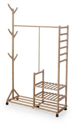 Obrázok produktu pre Vešiak na odevy Relaxdays, bambus, 4 police, tyč na odevy, 6 háčikov, VxŠxH: 176 x 100 x 38 cm, vešiak na kolieskach, prírodná farba