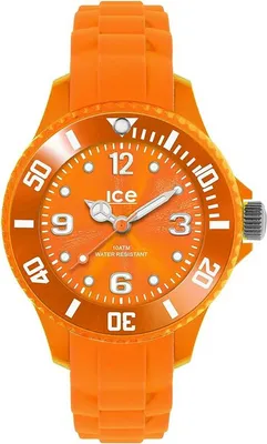A close-up studio shot of an orange watch against a white background.