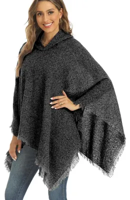Obrázok produktu pre Dámske pončo s kapucňou a frnčekmi, zimné, teplé, elegantné, čierne