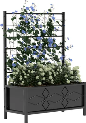 Image de Outsunny Jardinière avec treillis, lit surélevé de jardin, jardinière extérieure - motif en losanges, trous de drainage, bac à fleurs en acier galvanisée pour balcon terrasse patio, 90x40x120 cm, noir