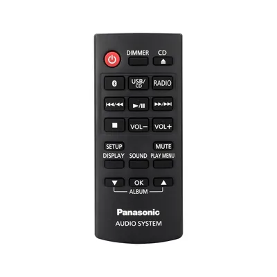 A black remote control for a Panasonic audio system is shown against a white background.
