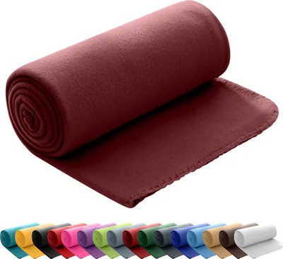 A rolled-up fleece blanket is shown against a white background, with a row of other colored blankets visible below.