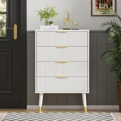 Produktbild von Kommode mit 4 Schubladen, Rillenfront und Holzfš¹?en, Wei?