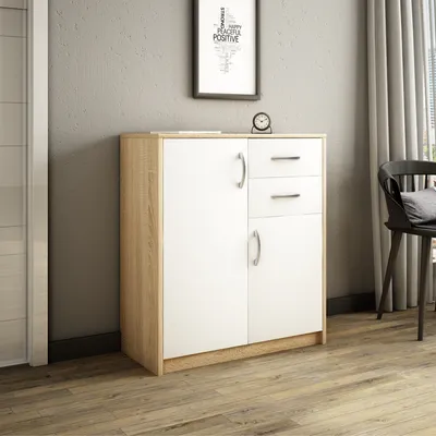 Produktbild von Kommode mit 2 Schubladen und 2 Türen in matter Ausführung, Kommode 74cm breit Holz Schrank Sideboard Highboard Kommode mit Schubladen Sonoma-Weiß