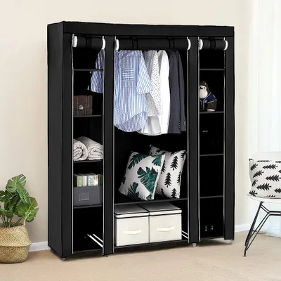 Produktbild von Kleiderschrank Stoffschrank Faltschrank  Wäscheschrank Garderobe mit 3 Türen  Kleiderstange  Vlies Gewebe Schwarz  172*134*43cm
