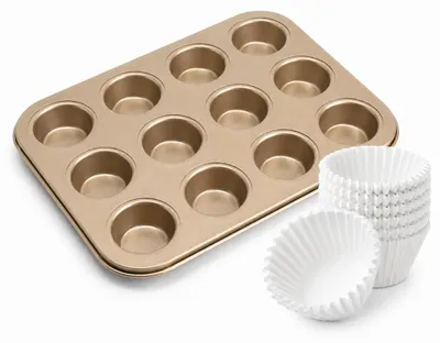 Produktbild von 12-Tassen-Mini-Muffinform Mit 400 Packungen Weißem Einwegpapier, Antihaftbeschichtetes Cupcake-Backblech Aus Kohlenstoffstahl(Gold)