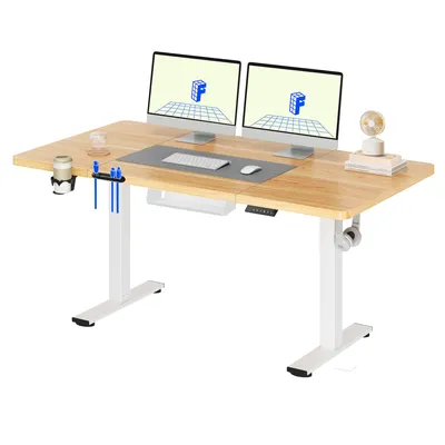 A standing desk with two monitors, a keyboard, a mouse, and accessories.