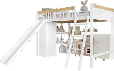 Produktbild von Hochbett mit Rutsche, Kleiderschrank, Regal, Leiter, Rausfallschutz und Lattenrost, 90x200 cm, Kinderbett, Jugendbett, Kiefer