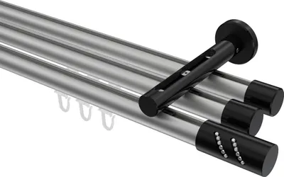 Produktbild von Interdeco Innenlaufstange / Gardinenstange mit Innenlauf Silbergrau / Schwarz, Typ Siteno Zoena (Glitzerzylinder), 20 mm Ø 3-läufig, 140 cm