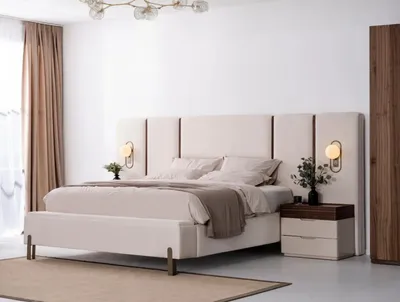 Produktbild von Beige Schlafzimmer Garnitur Edles Doppelbett Textil Hocker Schminktisch