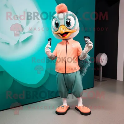 Produktbild von Pfirsich-Pfau REDBROKOLY Maskottchen kostüm gekleidet in eine Jogginghose und eine Smartwatch