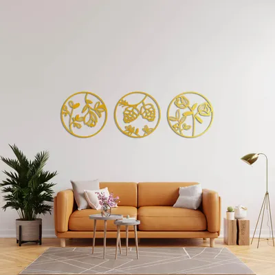 Produktbild von Botanische Metallwandkunst, Satz von 3 runden Paneelen, schwarzes Blumendesign, moderne Heimdekoration - Gold / Klein (14 "X14"/35X35CM)
