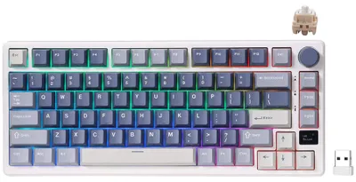 Zdjęcie produktu dla Royal Kludge M75, 75%, Przewodowy i Bezprzewodowy, USB + RF Wireless + Bluetooth, QWERTY, RGB LED, Niebieski, Biały