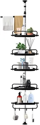 Produktbild von PromoHome® Teleskop-Duschregal ohne Bohren – höhenverstellbares Eckregal, Edelstahl, 5 Körbe, Handtuchhalter, 4 Haken, Silber/Schwarz