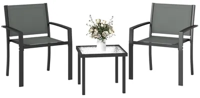 Image de Ensemble de mobilier de jardin 3 pièces : table pour terrasse et 2 chaises. Structure en métal, revêtement en textiline. Table avec plateau en verre trempé, couleur gris clair