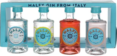 A set of four miniature bottles of Malfy Gin in a blue display box.