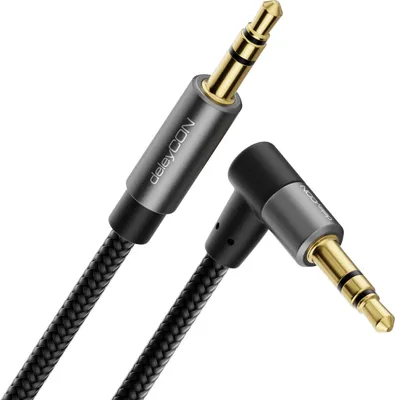 A close-up studio shot of two deleyCON 3.5mm audio cables with gold-plated connectors.