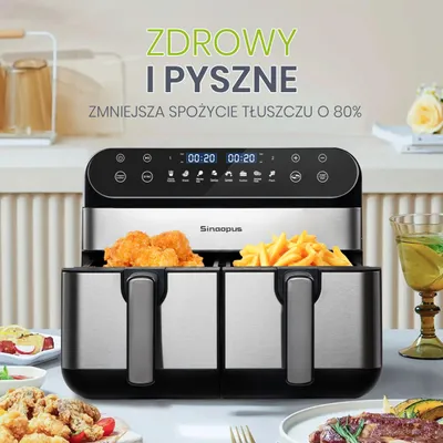 Image de Friteuse à air chaud - XXL, 10 litres, avec deux bacs - 2400 W - 8 programmes - Écran tactile LED - Contrôle de la température - Friture sans huile