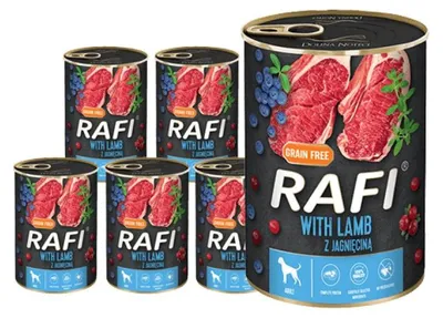 Produktbild von Rafi Nassfutter für Hunde mit Lamm, Preiselbeere und Blaubeere Dose Set 12 x 400 g