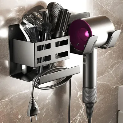 Produktbild von Föhnhalter Wand Ohne Bohren, Aluminium Föhn Halterung mit 2 Fächern Aufbewahrung und Kabelhaler, Fönhalter Ohne Bohren für Haartrocknergriffe bis zu 5cm, Schwarz