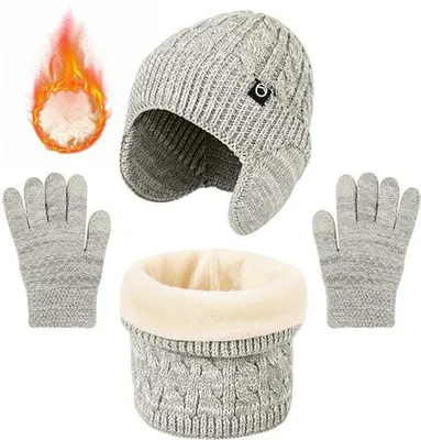Immagine prodotto di Set invernale per bambini 3 in 1 con paraorecchie, per maschietti e femminucce, 4-10 anni, grigio