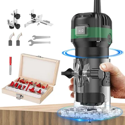 Immagine prodotto di Fresatrice per legno - Trimmer elettrico - Pinza di serraggio da 6,35 mm - Set con 15 frese - Per intagliare e fresare bordi - Verde