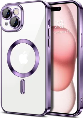 Obrázek produktu pro Magnetické čiré pouzdro pro iPhone 15 Plus, kompatibilní s MagSafe, galvanicky pokovené ochranné pouzdro s ochranou fotoaparátu Fialová